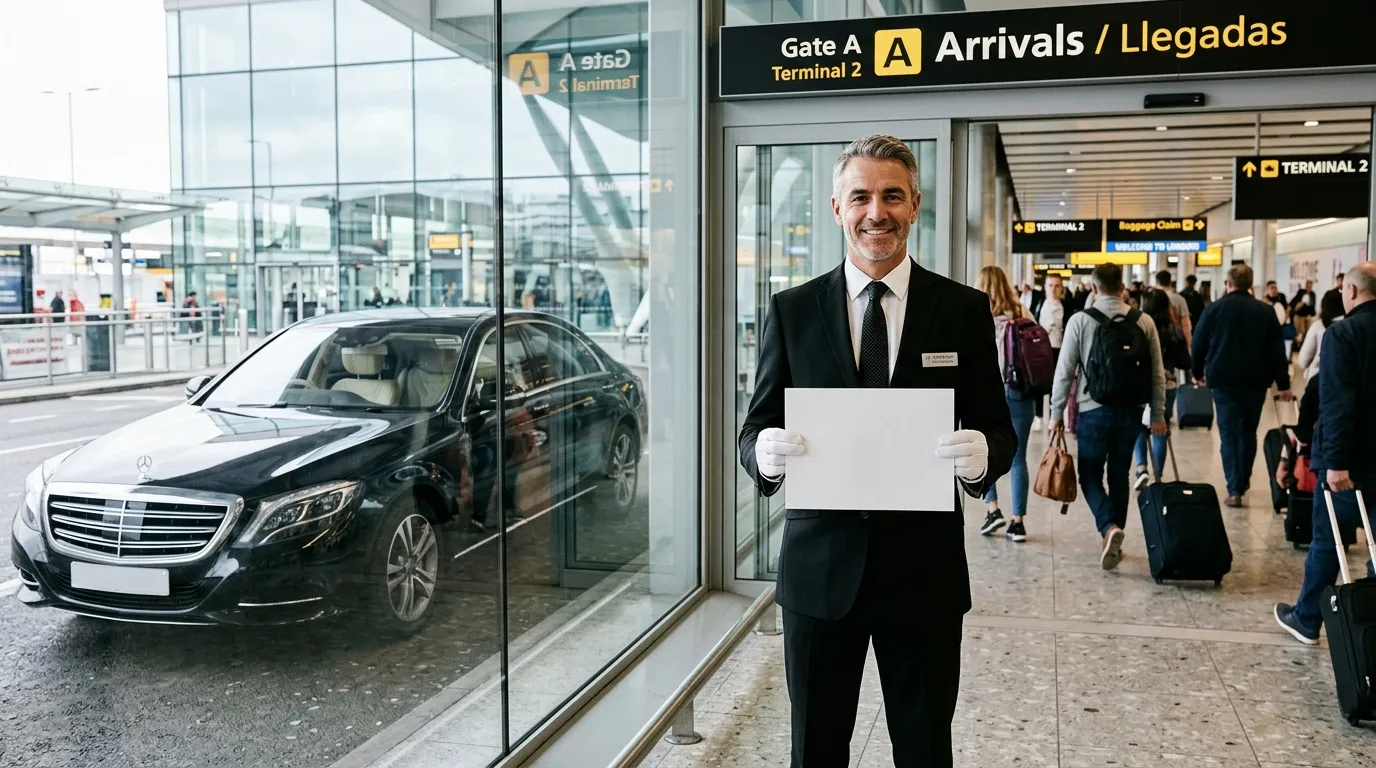 Chauffeur avec pancarte vide terminal aéroport arrivals