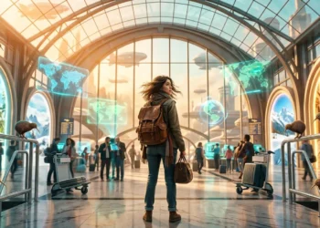 Woman traveler in futuristic airport with world destinations displayed
