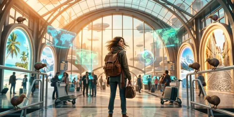 Woman traveler in futuristic airport with world destinations displayed