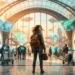 Kiwi.com : cheap flights & travel deals Woman traveler in futuristic airport with world destinations displayed