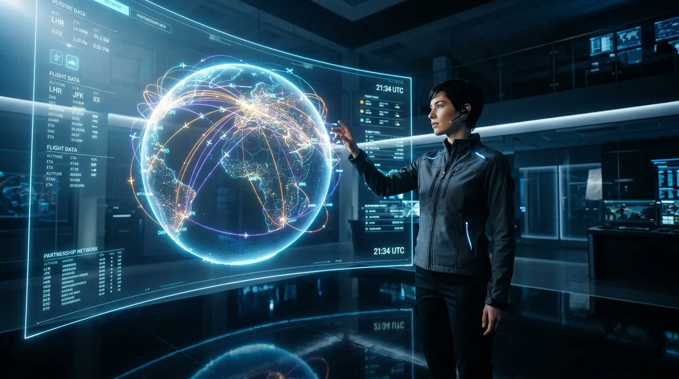 Femme contrôlant un globe terrestre holographique luminescent avec données de vol