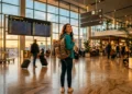 Femme avec sac à dos dans terminal aéroport au coucher soleil