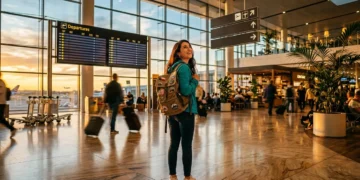 Femme avec sac à dos dans terminal aéroport au coucher soleil