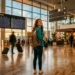 Femme avec sac à dos dans terminal aéroport au coucher soleil