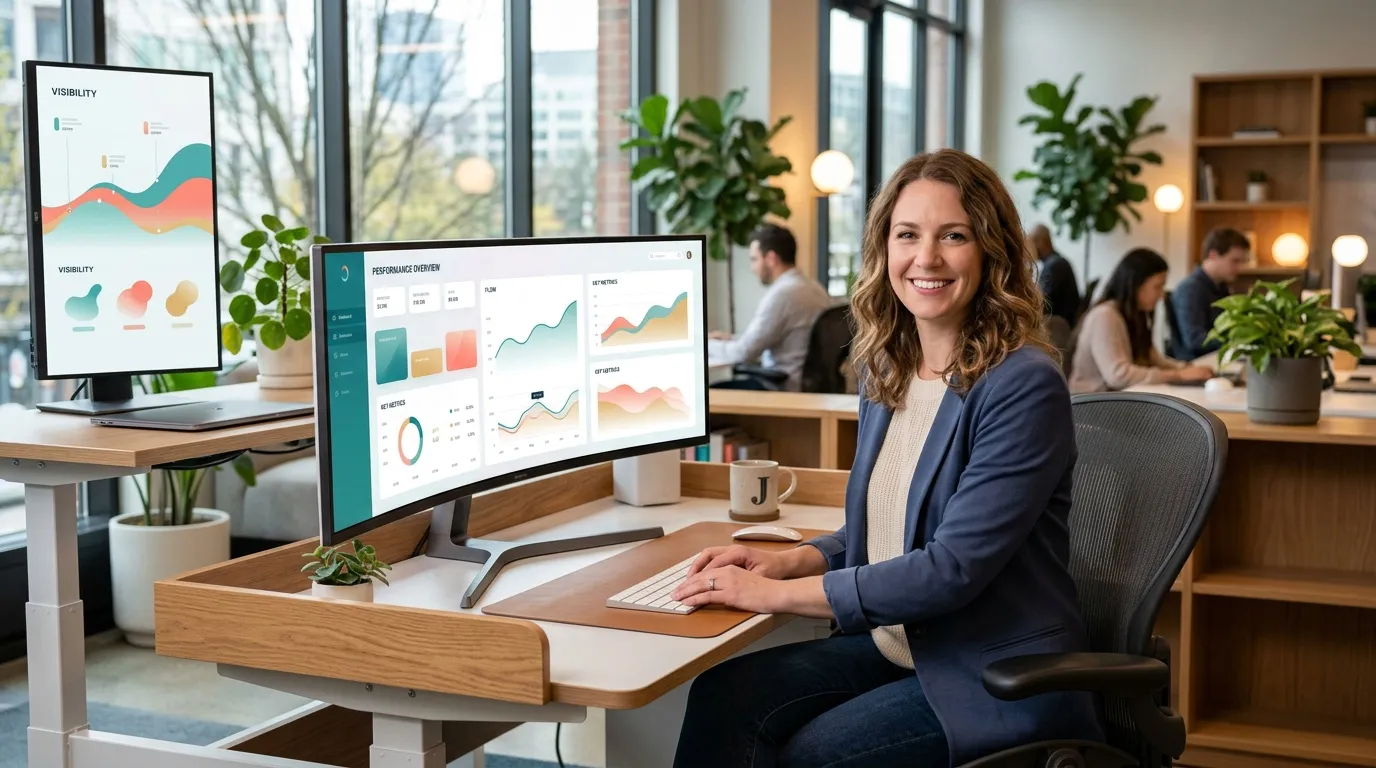 Travelpayouts : meilleure plateforme d'affiliation voyage Femme souriante analysant des graphiques de performance sur écran