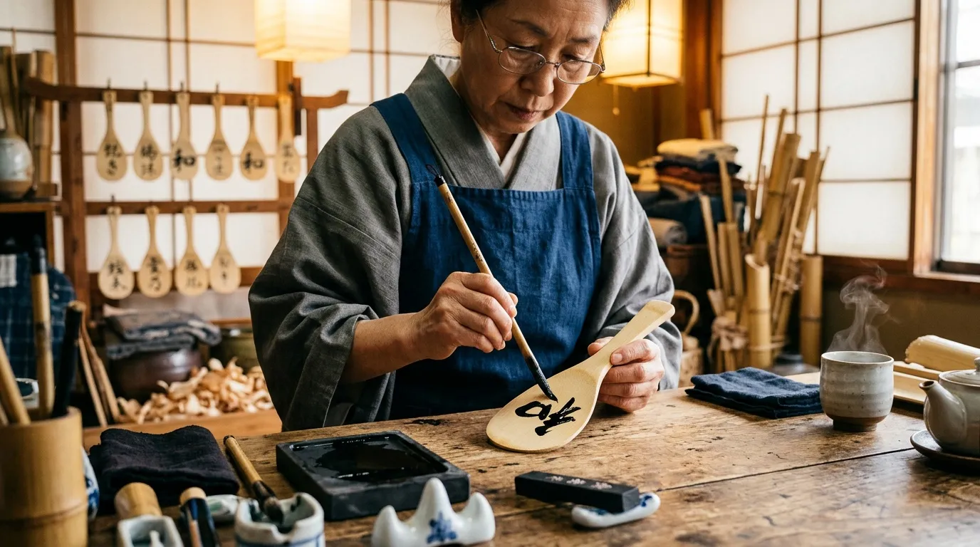 Master artisan painting calligraphy on wooden spoon in workshop