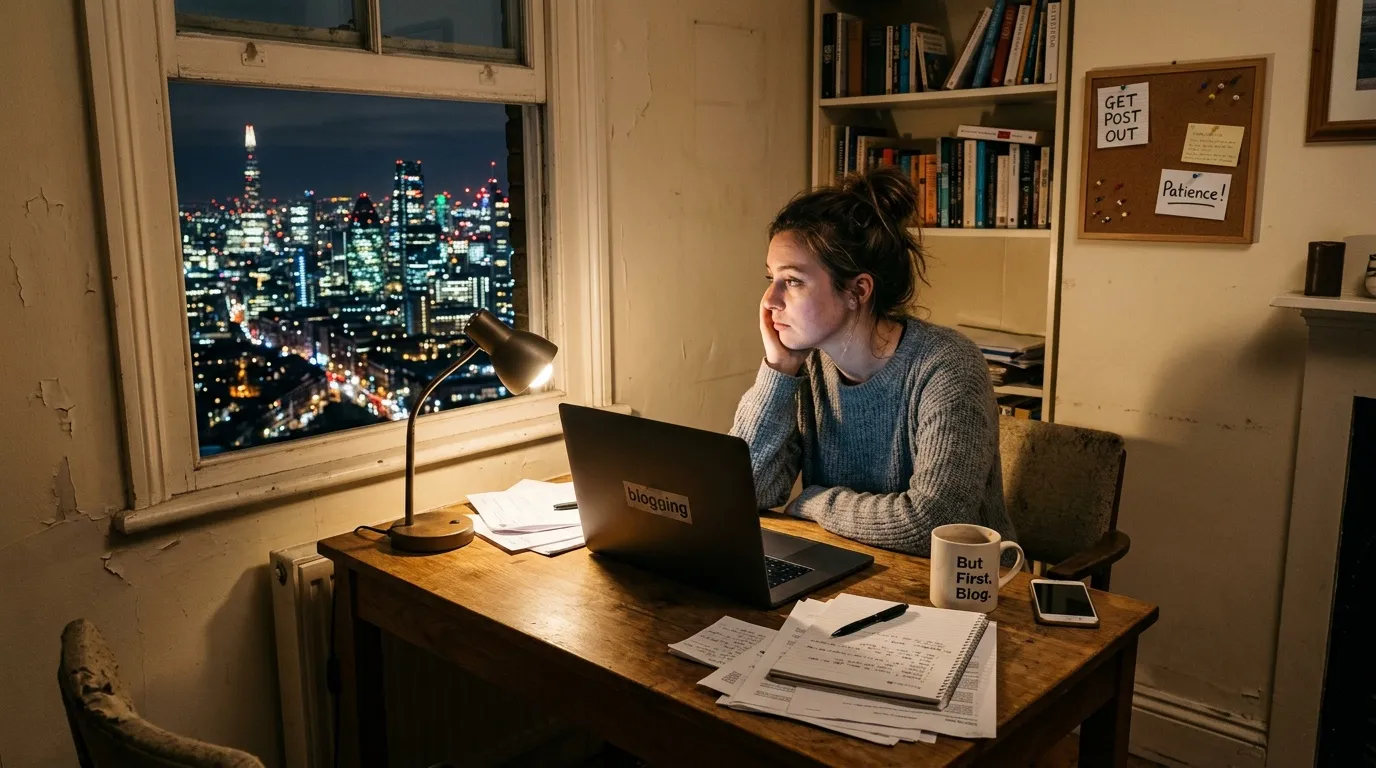 Travelpayouts : meilleure plateforme d'affiliation voyage Femme écrivant sur ordinateur portable, vue nocturne cityscape.