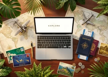 Laptop displaying 'EXPLORE' surrounded by travel essentials and maps