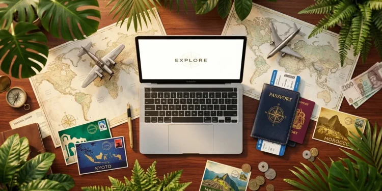 Laptop displaying 'EXPLORE' surrounded by travel essentials and maps