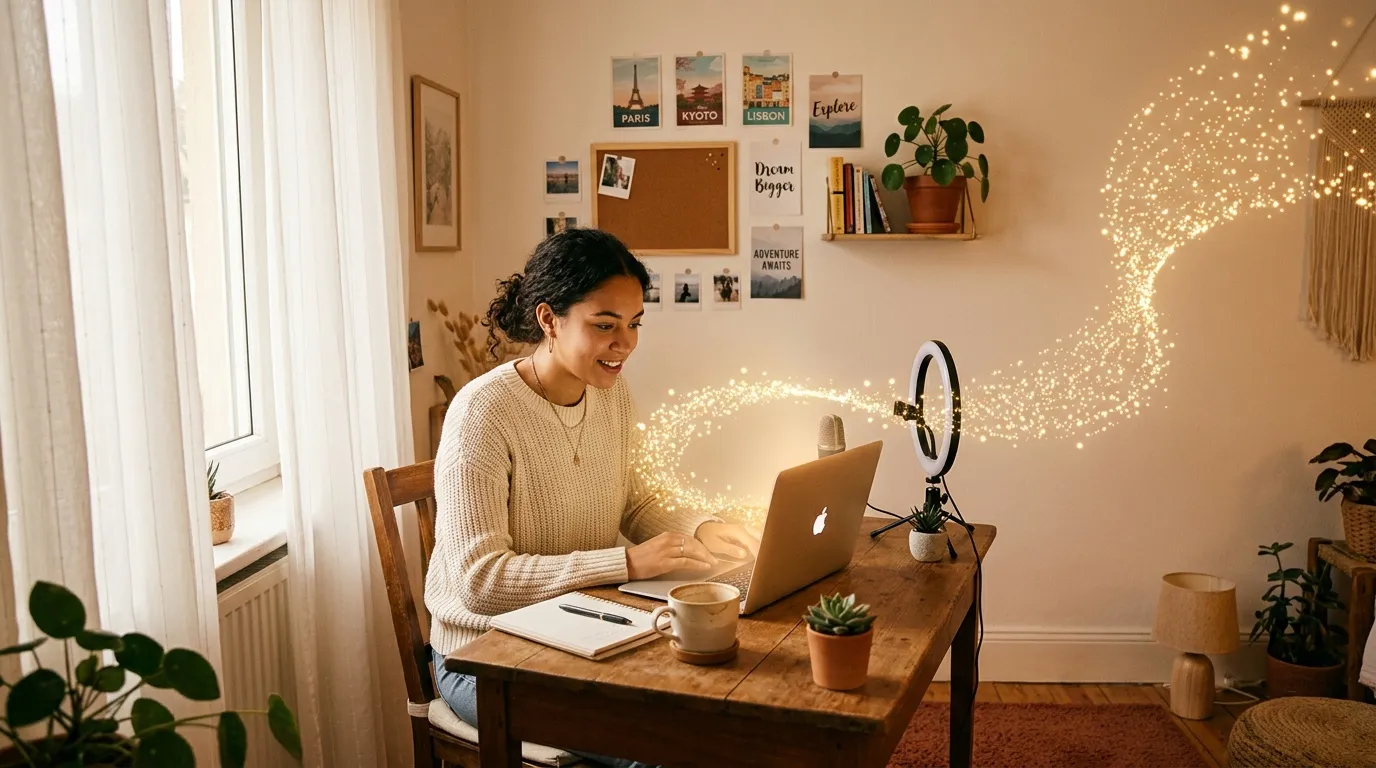 Travelpayouts : meilleure plateforme d'affiliation voyage Femme travaillant sur ordinateur portable dans un bureau cosy