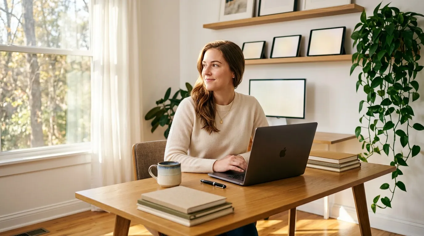 Travelpayouts : meilleure plateforme d'affiliation voyage Femme travaillant sur laptop à son bureau ensoleillé