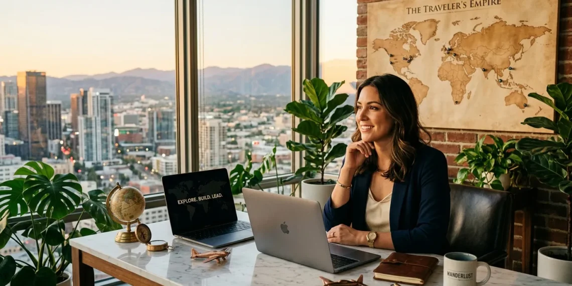 Femme souriante travaillant sur ordinateur portable avec vue panoramique urbaine