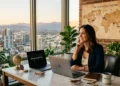 Femme souriante travaillant sur ordinateur portable avec vue panoramique urbaine