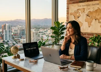 Femme souriante travaillant sur ordinateur portable avec vue panoramique urbaine
