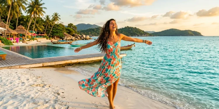 Klook : économisez jusqu'à 50% sur vos vacances Femme heureuse en robe colorée sur plage tropicale