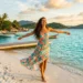 Femme heureuse en robe colorée sur plage tropicale