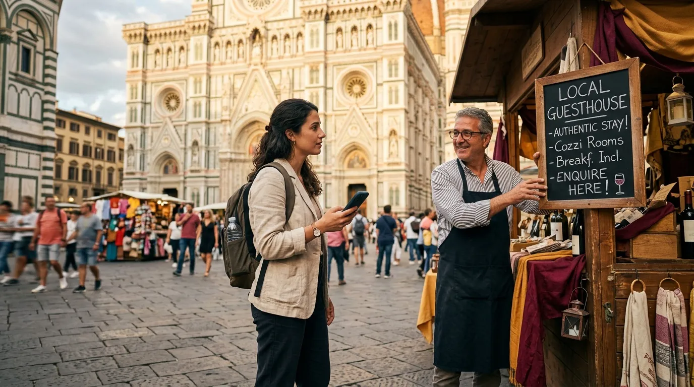 Man promoting guesthouse to tourist near Florence Cathedral