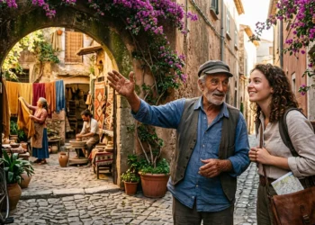 Elderly man gestures while greeting young woman tourist in charming Mediterranean village street