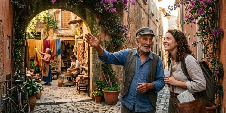 Elderly man gestures while greeting young woman tourist in charming Mediterranean village street