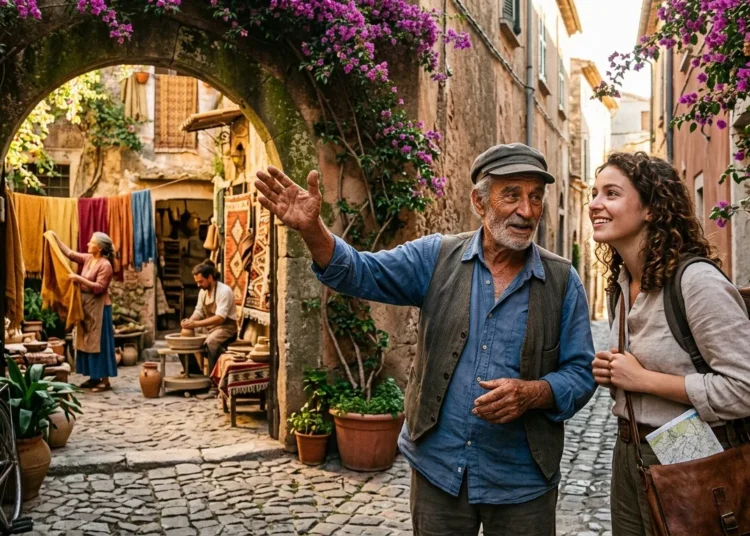 Elderly man gestures while greeting young woman tourist in charming Mediterranean village street