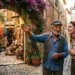 Elderly man gestures while greeting young woman tourist in charming Mediterranean village street