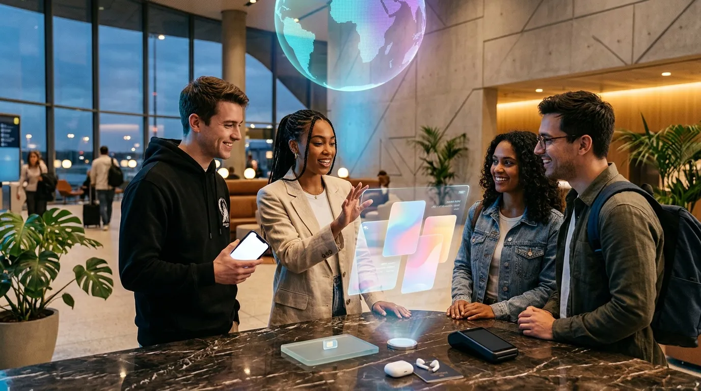 Four people examining tech devices at a futuristic display counter