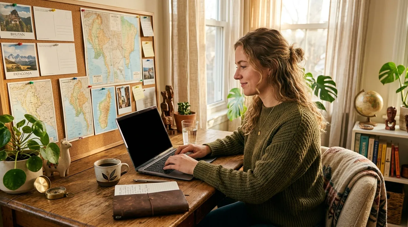Travelpayouts : meilleure plateforme d'affiliation voyage Femme travaillant sur ordinateur portable à son bureau avec cartes géographiques