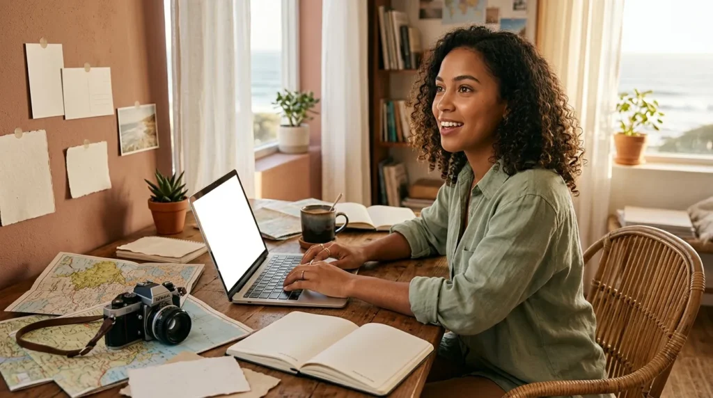 Woman working on laptop at desk with travel maps and camera