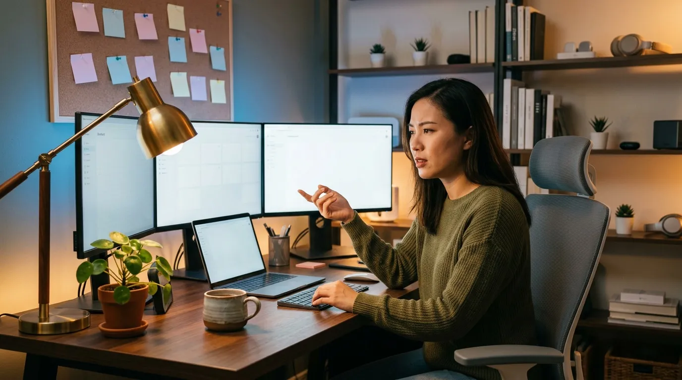 Woman working at desk with multiple monitors and laptop