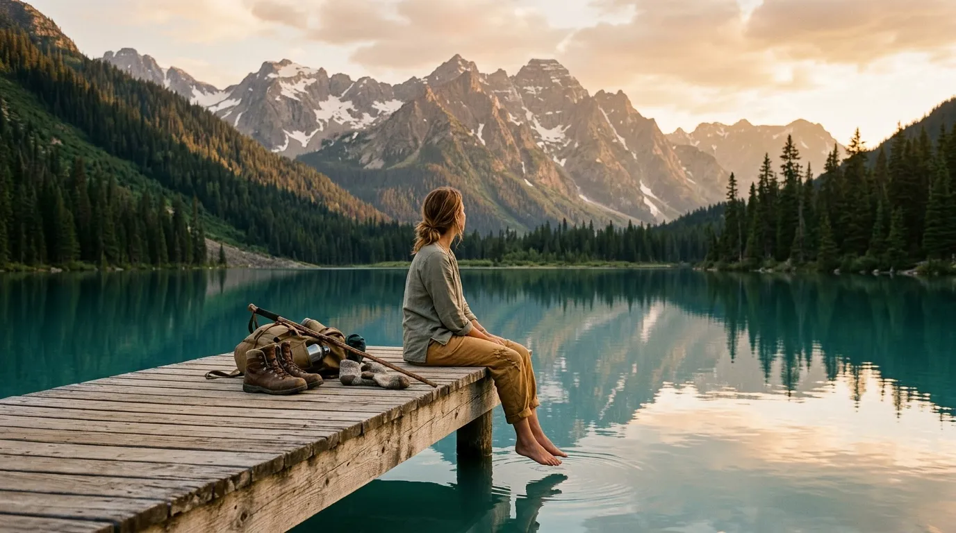 Woman sitting on dock overlooking pristine alpine lake and mountains
