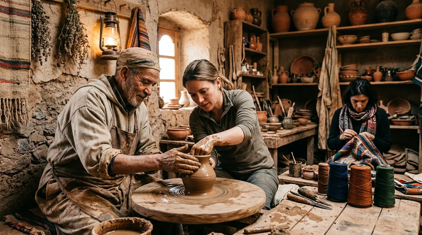 Master potter teaches young woman pottery wheel techniques in rustic studio