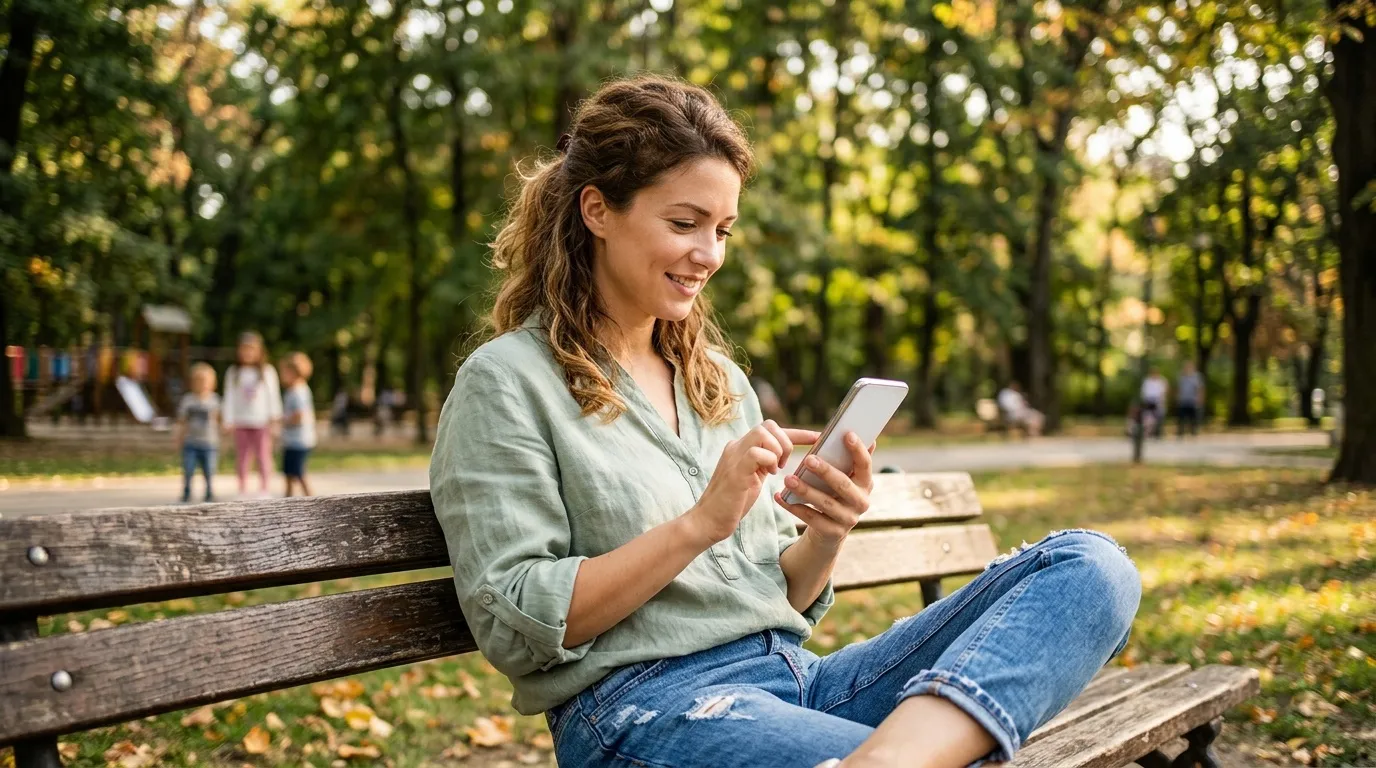 Woman sitting on bench using smartphone in autumn park