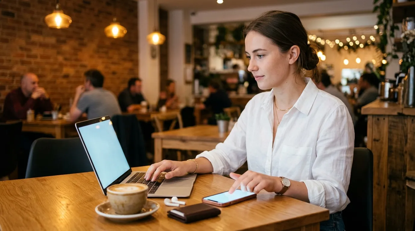 Woman typing on laptop at wooden table in busy cafe