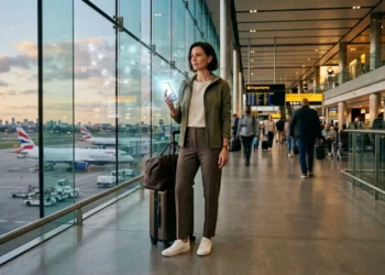 Woman with luggage checking phone at airport departure gate