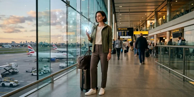 Woman with luggage checking phone at airport departure gate