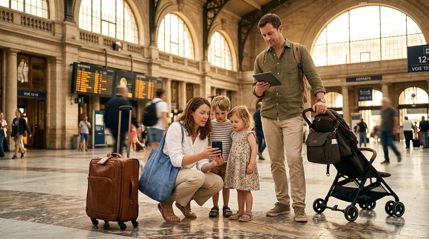 Yesim travel eSIM review : costs, coverage & speed Family with children and luggage at a train station terminal.