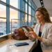 Femme en blazer tenant un sac à l'aéroport avec vue