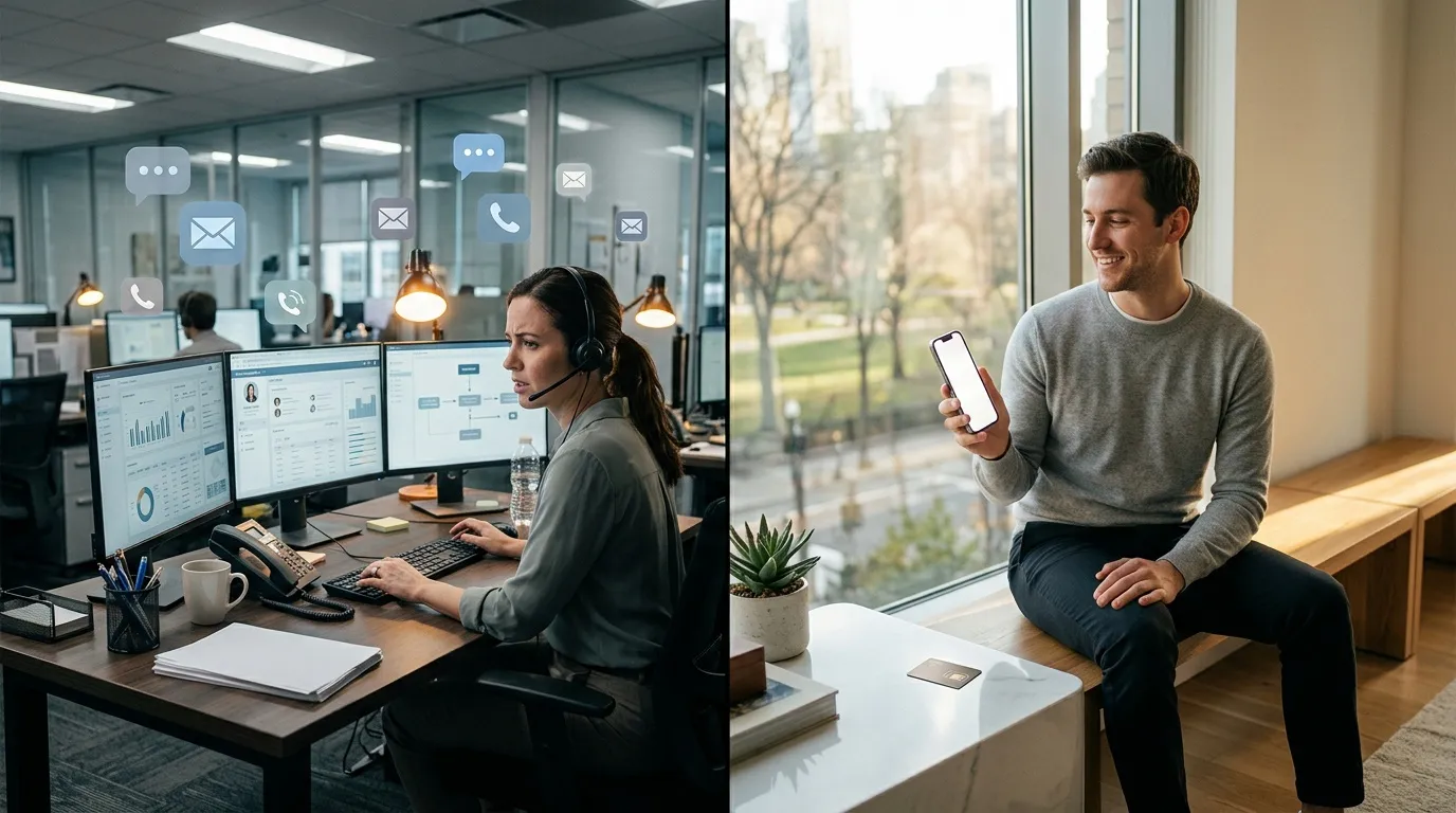 Yesim travel eSIM review : costs, coverage & speed Woman in office with communication icons, man with smartphone working remotely