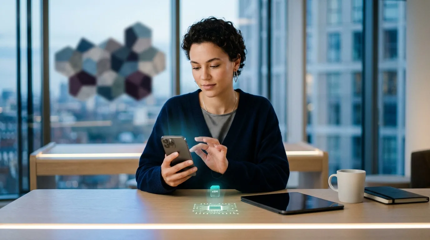 Yesim travel eSIM review : costs, coverage & speed Woman in office using smartphone with AI hologram display