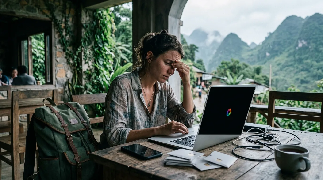 Yesim travel eSIM review : costs, coverage & speed Woman working on laptop at outdoor desk, mountainous landscape backdrop
