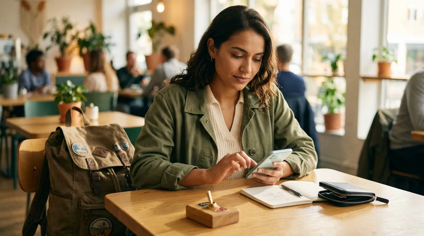 Yesim travel eSIM review : costs, coverage & speed Woman with backpack studying on phone at wooden table