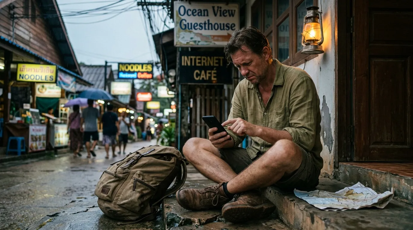 Yesim travel eSIM review : costs, coverage & speed Man with backpack using smartphone on wet street