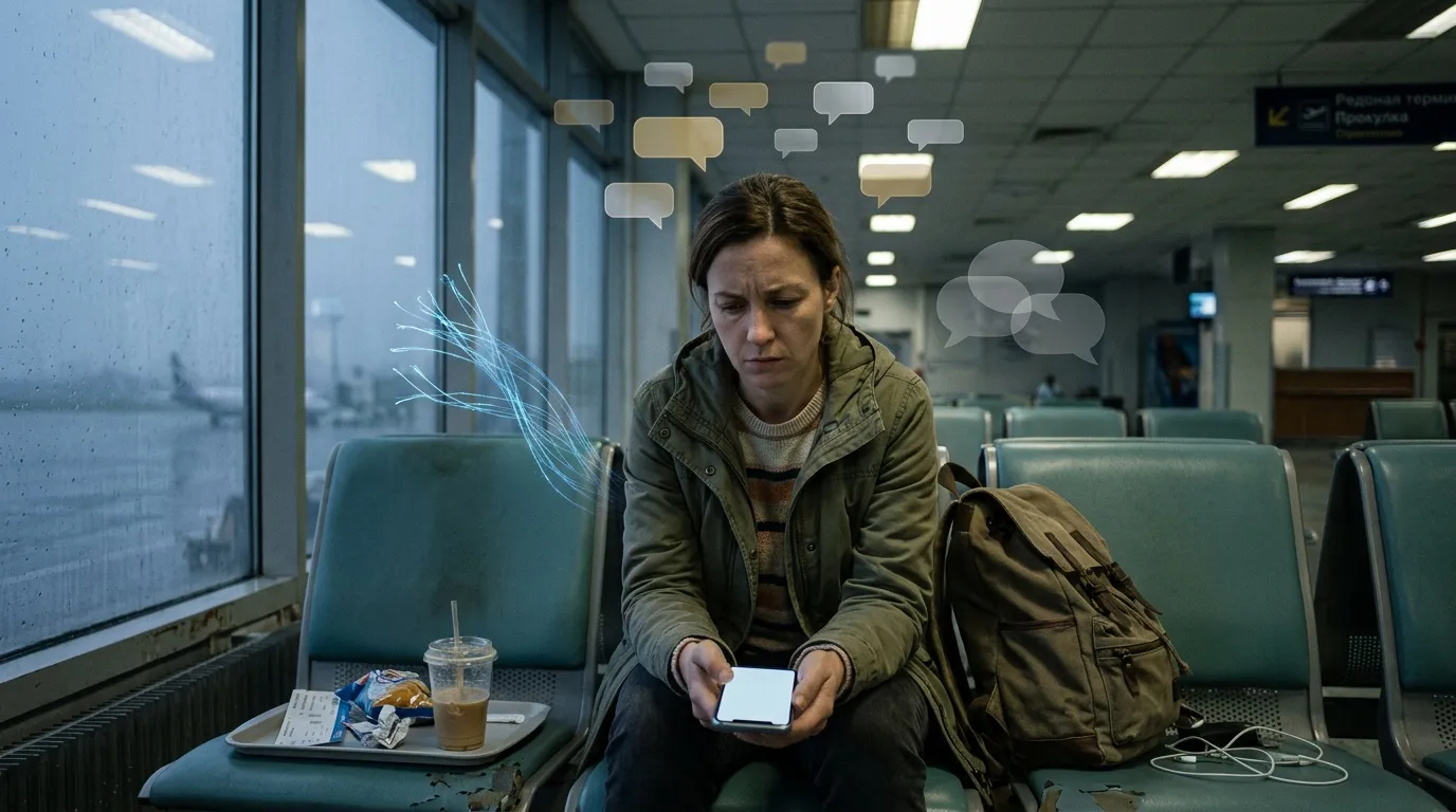 Yesim travel eSIM review : costs, coverage & speed Woman holding phone in airport terminal with chat bubbles