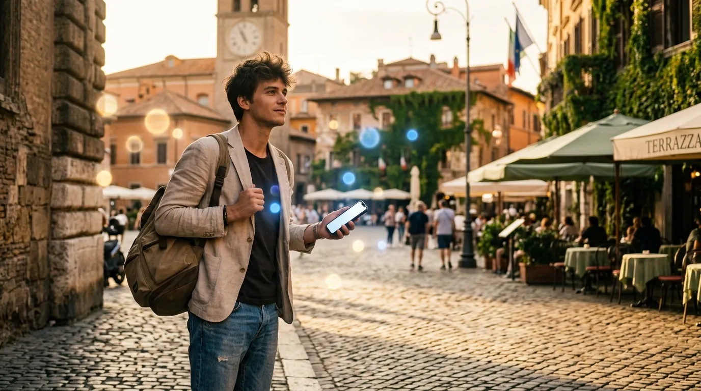 Yesim travel eSIM review : costs, coverage & speed Man with backpack holding phone in historic Italian town square