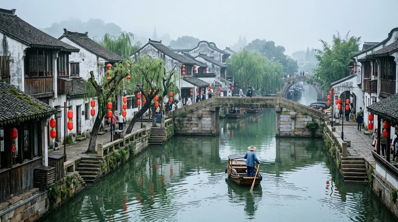 Traditional white buildings with red lanterns along misty canal waterway