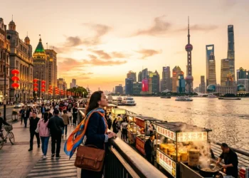 Femme admirant le skyline de Shanghai au coucher du soleil