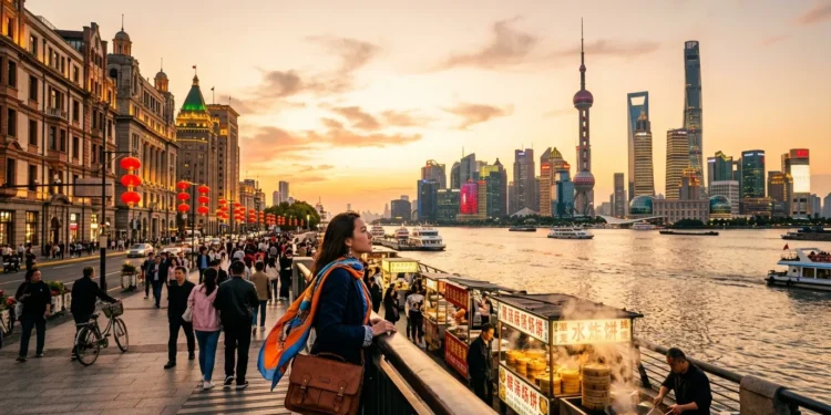 Femme admirant le skyline de Shanghai au coucher du soleil