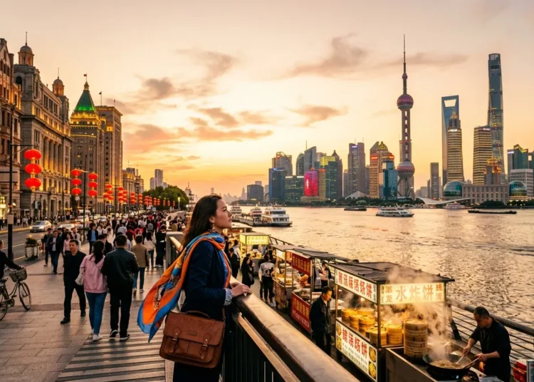 Femme admirant le skyline de Shanghai au coucher du soleil