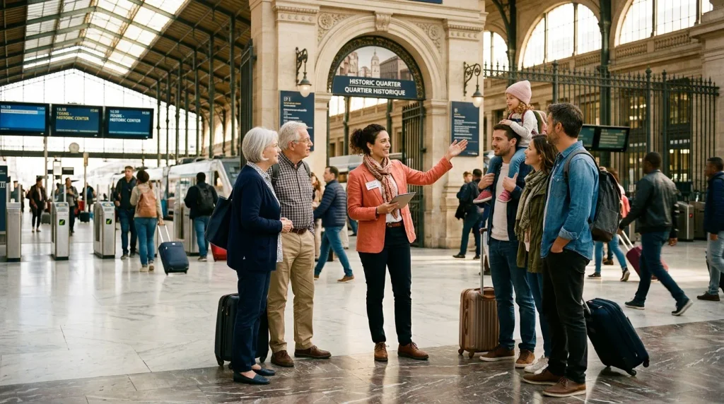 Shanghai : guide complet pour vos vacances guide touristique guidant un groupe dans une gare historique