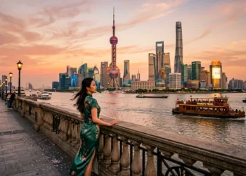 Woman in green dress overlooking Shanghai's illuminated skyline at sunset